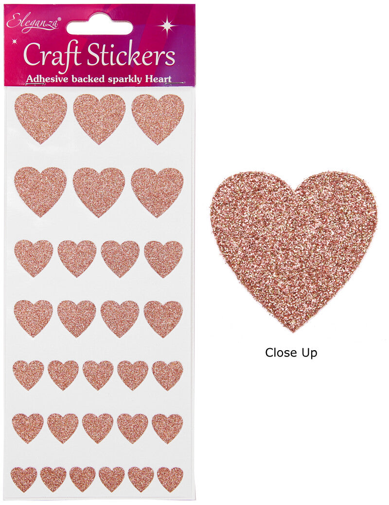 Self Adhesive Glitter Heart Sparkly Stickers Sheet of 30 - 4 Sizes of Hearts - Rose Gold