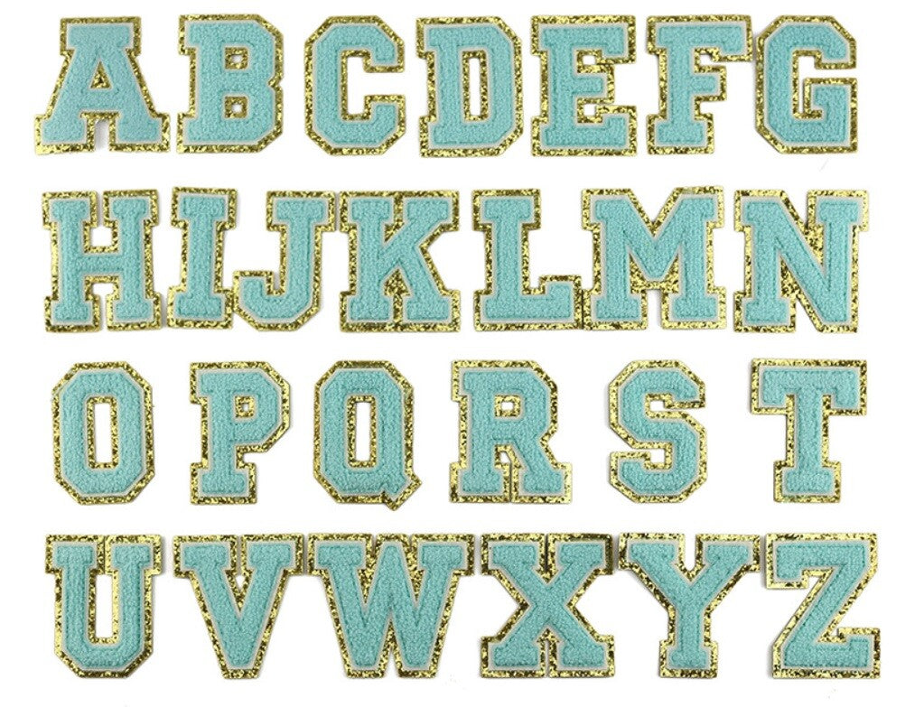 3D Coloured & Gold Chenille Patch Letter Patches Iron on Alphabet 5.5cm / 55mm - Blue