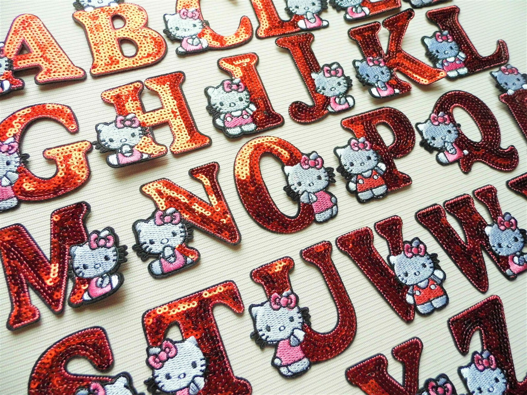 Cat Letter Patch Iron or Sew on Alphabet Letters Embroidery Red Sequins Craft