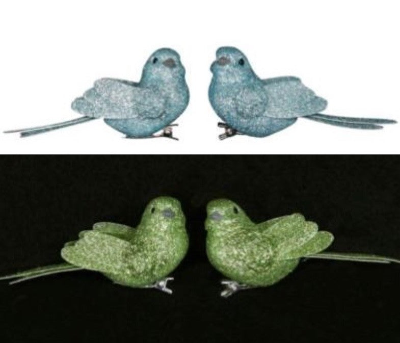 2 x Glitter Bird Tree Ornament Decoration Clip On Gisela Graham Blue & Green