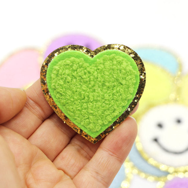 5cm Chenille & Gold Towel Heart Patch Iron on Sew on Customise Clothing Craft - Green