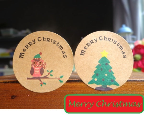 Round Paper Labels 'Merry Christmas' Gift Seal Christmas Present Stickers Owl