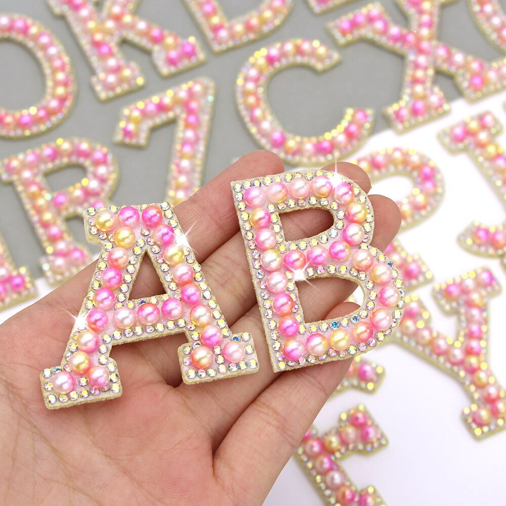 3D Pearl Pink & Peach Rhinestone Letter Patch Patches Iron on Alphabet Crystal