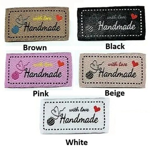 Fabric Labels 'Hand Made With Love' Sew On Woven Garment Label Tags 50x25mm - Mix of all 5 colours
