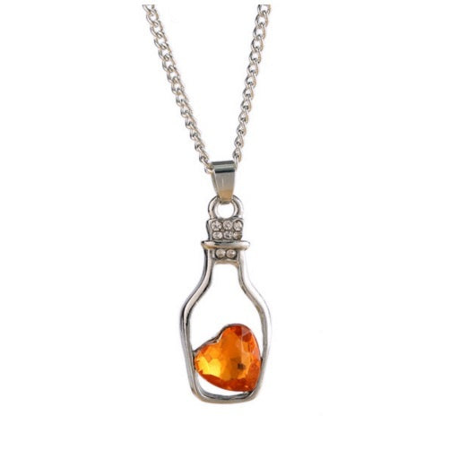 Cute Love Heart in a Bottle Message Pendant Austrian Crystal Necklace Kawaii - Orange