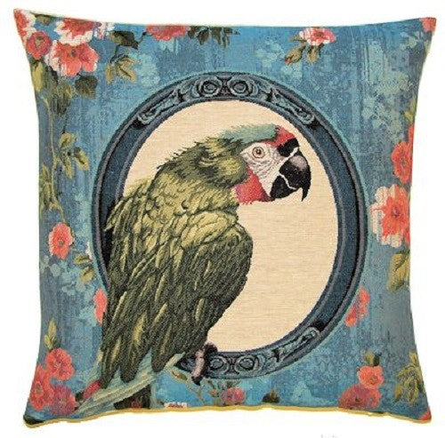 PARROT PARROTS TROPICAL BIRDS PREMIUM BELGIAN TAPESTRY CUSHION COVERS 18" x 18" - Green Parrot
