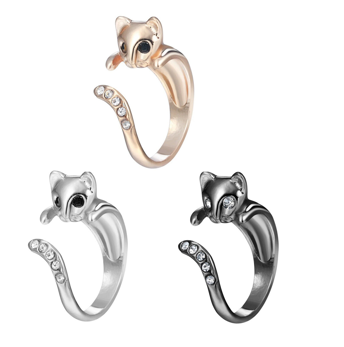 Cat Feline Crystal Wrap Ring Open Adjustable Curve Wrap Ring & Gift Bag