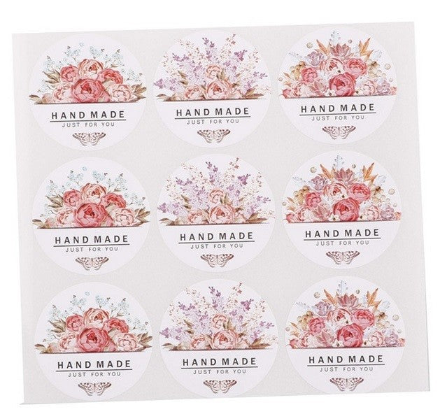 Round Paper Labels Hand Made Pink Flower Butterfly Kraft Paper Craft Sticker 3cm