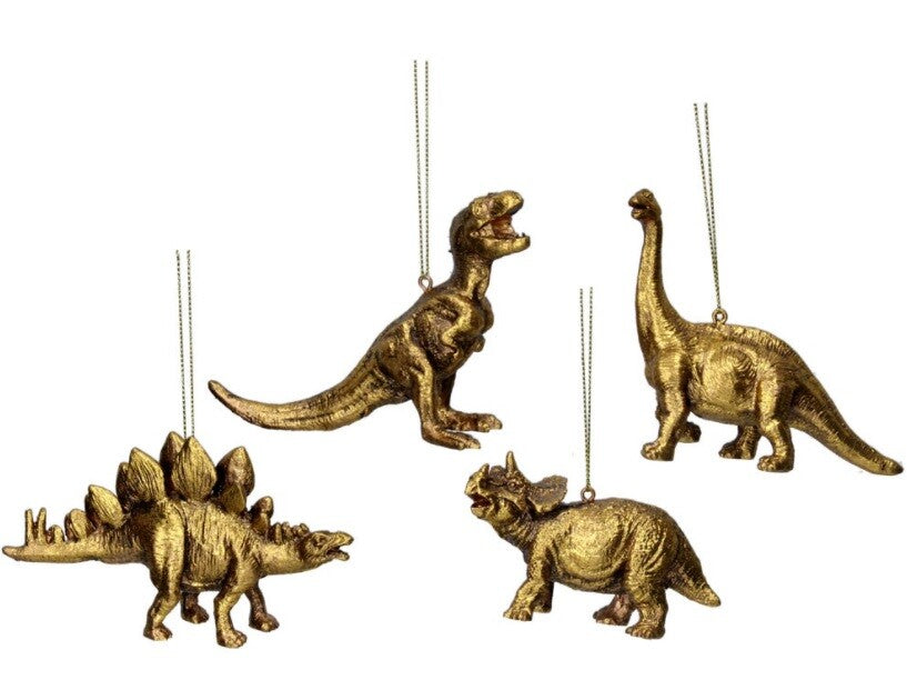 Handcrafted Tree Ornaments Baubles Premium Traditional Christmas Tree Decoration - Set of 4 Gold Resin Dinosaurs