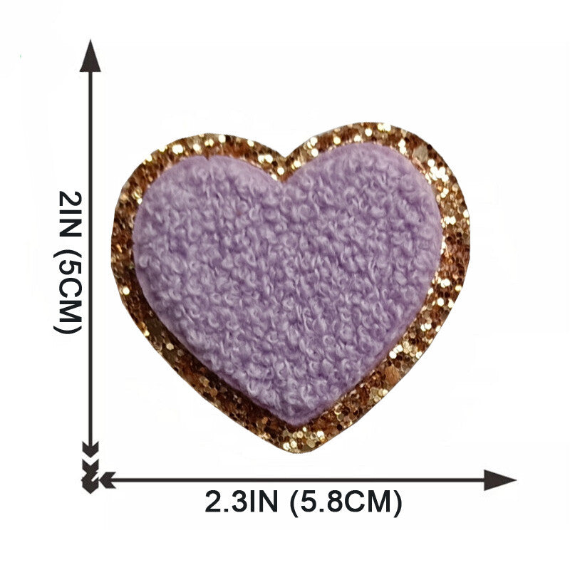5cm Chenille & Gold Towel Heart Patch Iron on Sew on Customise Clothing Craft - Lilac