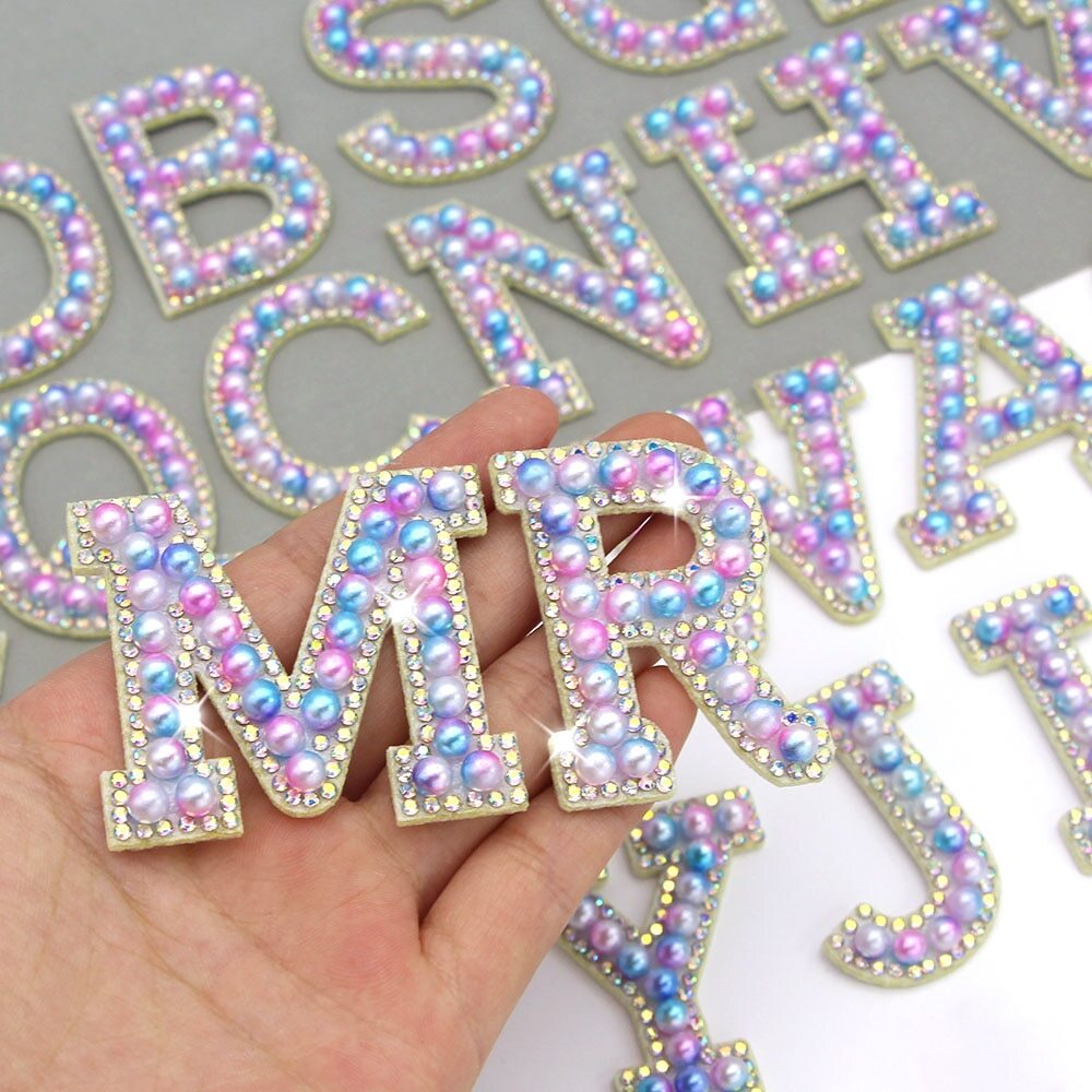 3D Pastel Pearl Rhinestone Letter Patch Patches Iron on Alphabet Crystal