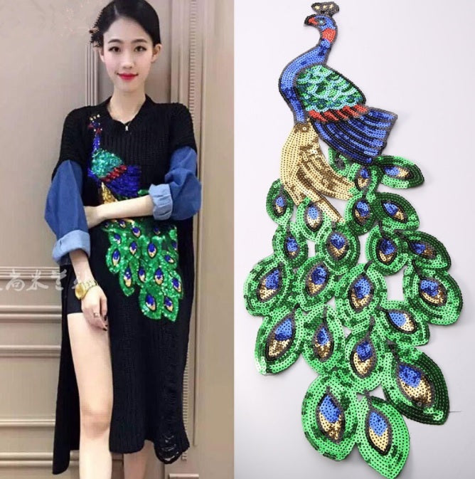 Large Sequins Peacock Sew on Applique Patch Motif Sparkly Customise Fashion