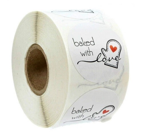 Round Baked With Love Labels Stickers Gift Food Cookie Homemade Craft 2.5cm - White