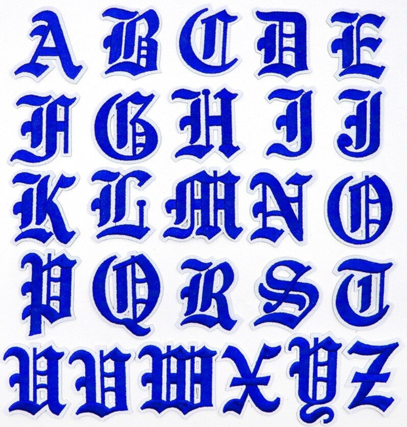 Blue Old English Medieval Letter Patch Patches Iron on Alphabet Embroidery