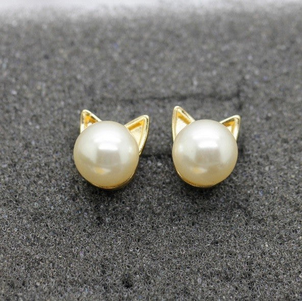 GOLD CAT PEARL STUD EARRINGS CAT EARS PEARLS 10x8mm & GIFT BAG