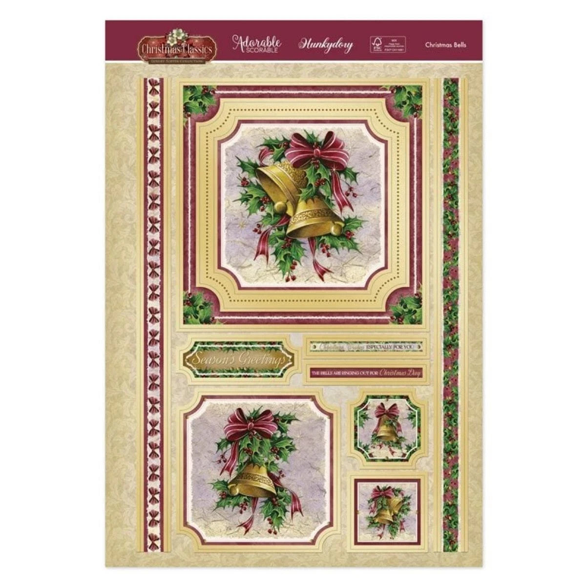 Hunkydory Christmas A4 Card Die Cut Topper Sheet Luxury Toppers for Craft Cards - Christmas Bells