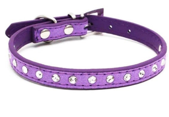 Suede Leather Dog Collar Diamante Puppy Bling Yorkie Teacup Chihuahua & Upwards - Purple