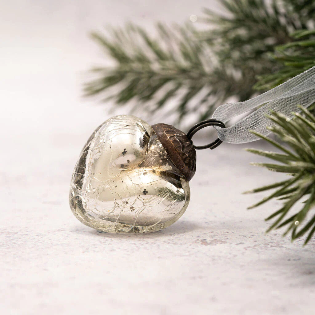 6 Pack Small Glass Handcrafted Baubles Premium Traditional Christmas Tree Craft - Set of 6 Small 1" Silver Crackle Glass Hearts