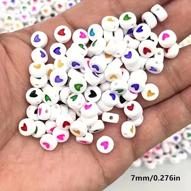 100 White With Coloured Heart Beads, 100 Round Beads With Coloured Heart Beads