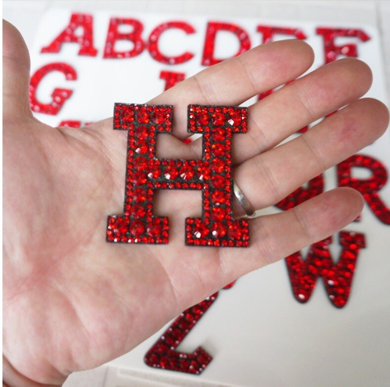 Red Rhinestone Letter Patch Patches Iron or Sew on Alphabet Crystal Customise