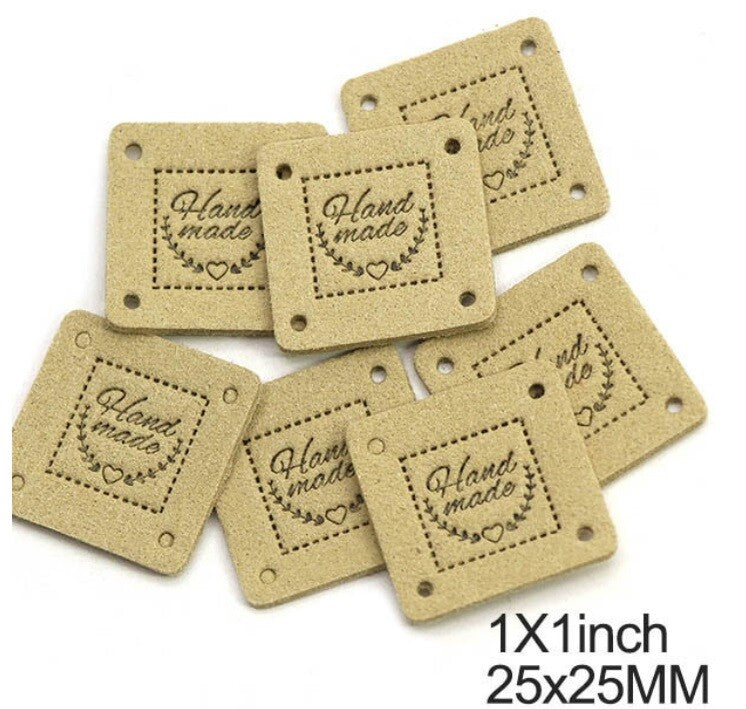 Faux Suede Leather Labels Hand Made Square Clothing Tag Label Tags 25x25mm - Design 1