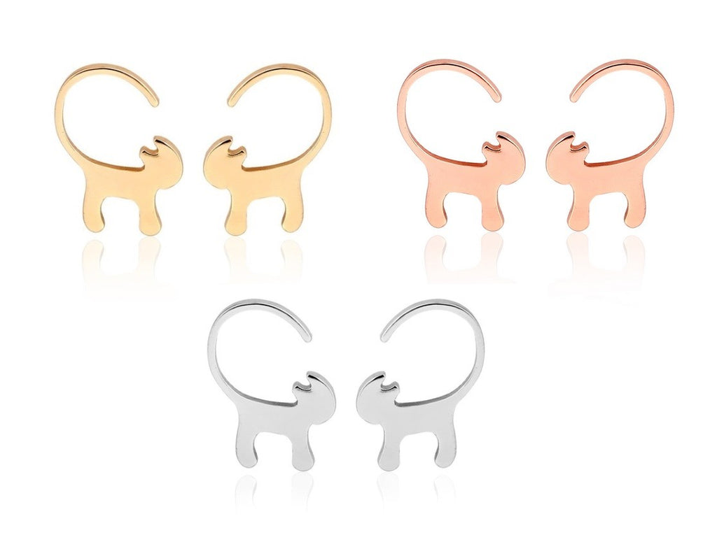 Minimalist Stud Cat Earrings Gold Silver Rose Gold & Gift Box