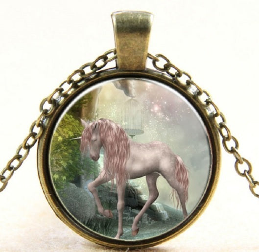 Large Pink Mystical Magical Unicorn Cameo Glass Cabochon Pendant Necklace 38mm - Antique Bronze Coloured