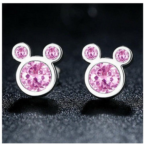 CZ Crystal Clear & Pink Mouse Ears Stud Earrings 8x8mm & Gift Box - Pink