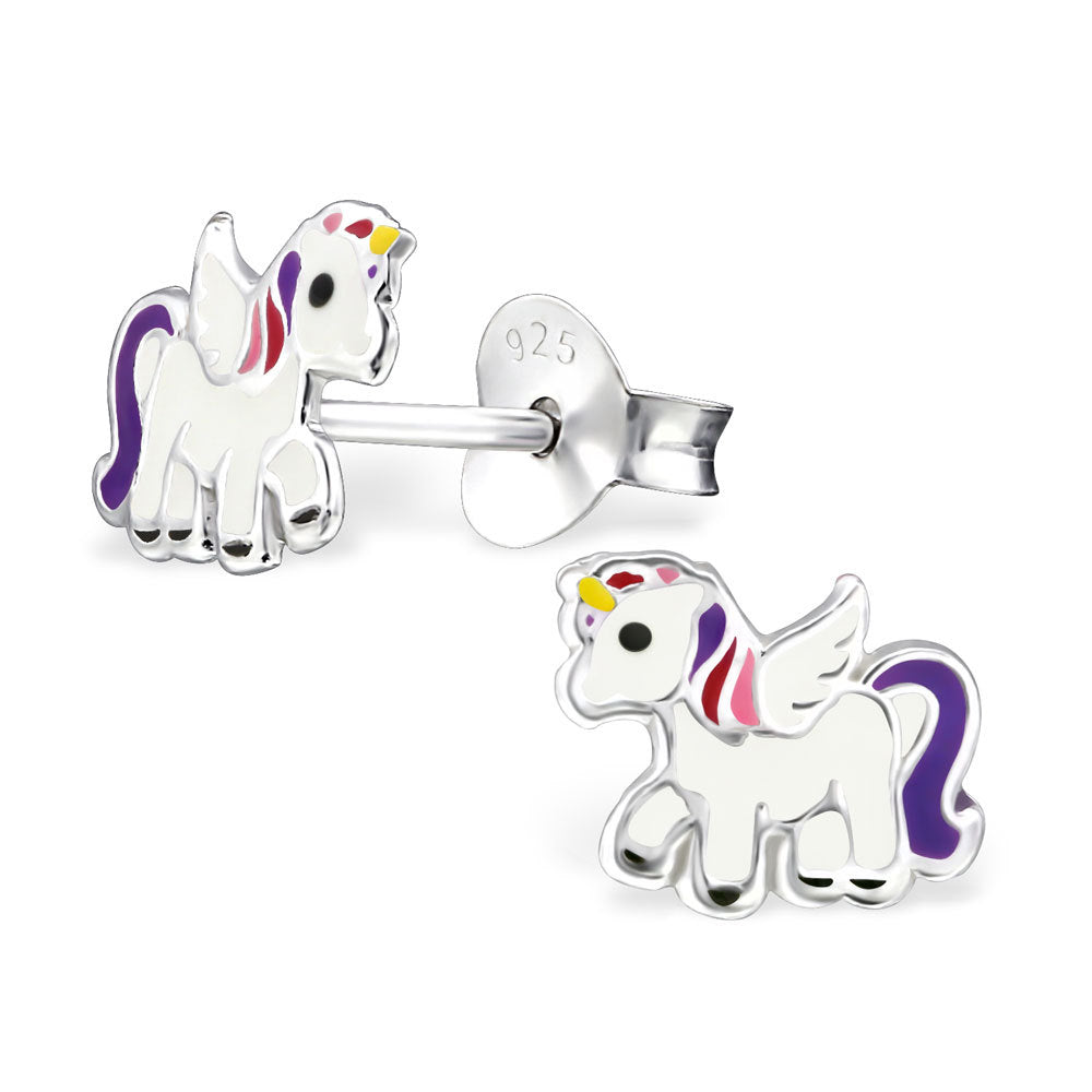 925 Sterling Silver Magical Unicorn Pegasus Kawaii Stud Earrings & Gift Box