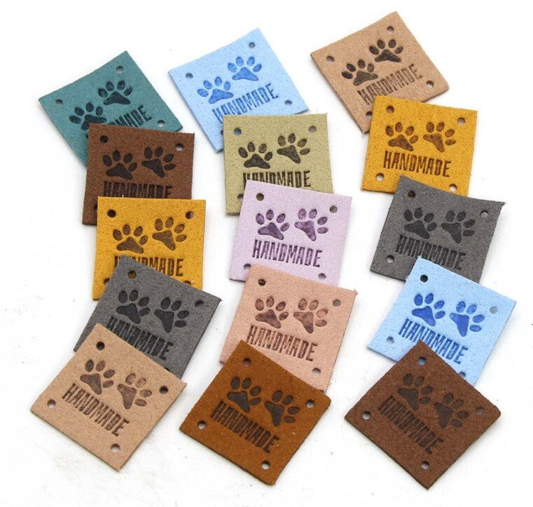 Faux Suede Leather Labels Hand Made Paw Print Clothing Tag Label Tags 25x25mm
