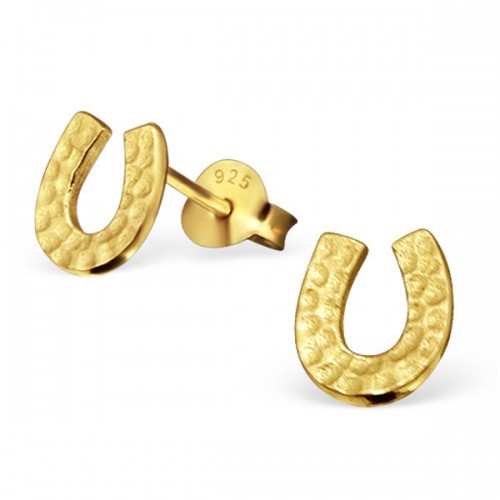 925 Sterling Silver & Gold Lucky Horseshoe Stud Earrings Pony Horse Shoe #8