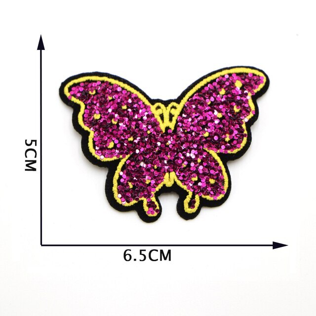 Butterfly Embroidered Iron on Glitter Sequins Patch Customise Clothing Patches - Fuchsia