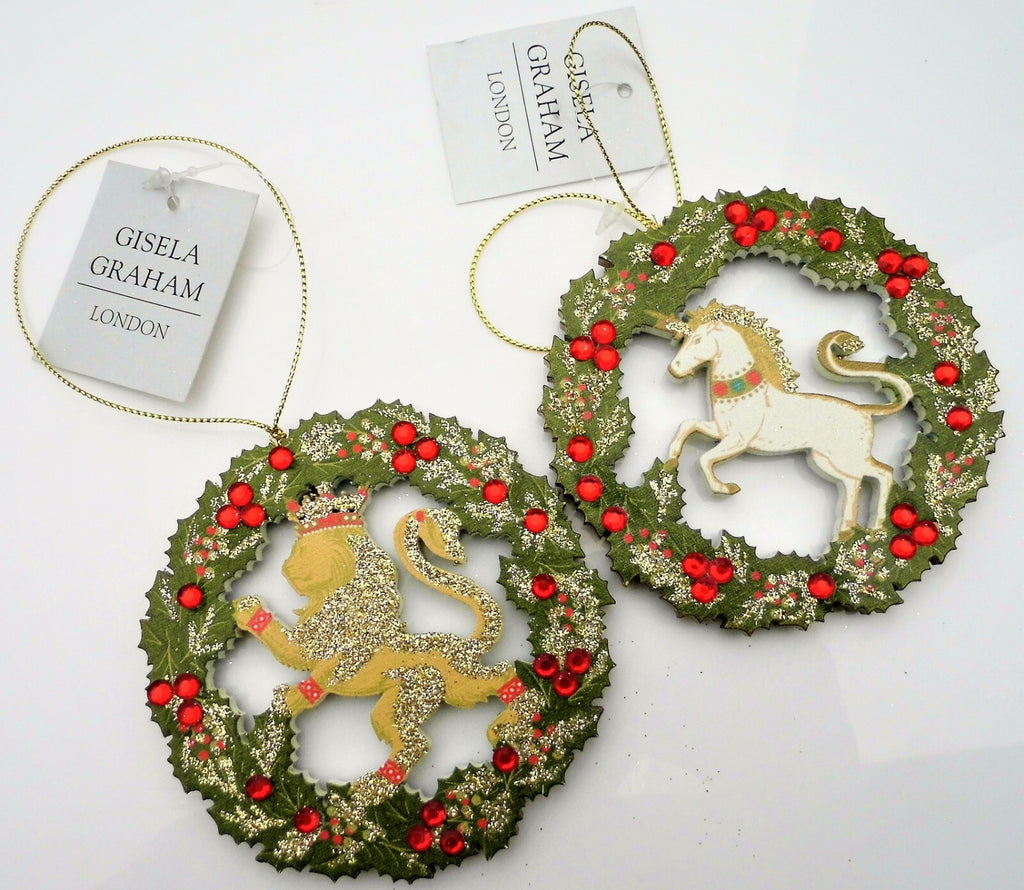 Wood Regency Regal Wreath Jewelled Lion Unicorn Christmas Traditional Decoration