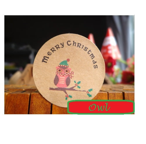 Round Paper Labels 'Merry Christmas' Gift Seal Christmas Present Stickers Owl