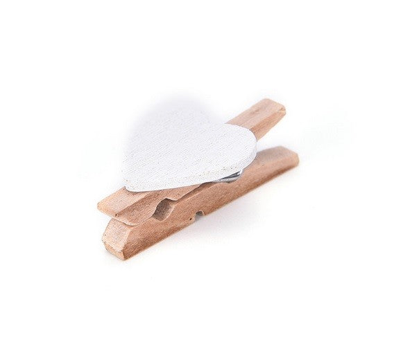 Mini Wooden Pegs with Colour Hearts Craft Wedding Photo Clips Wood 3x1.7cm - White