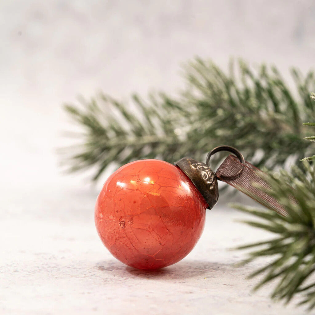 6 Pack Small Glass Handcrafted Baubles Premium Traditional Christmas Tree Craft - Set of 6 Small Peach Crackle Glass Ball Baubles