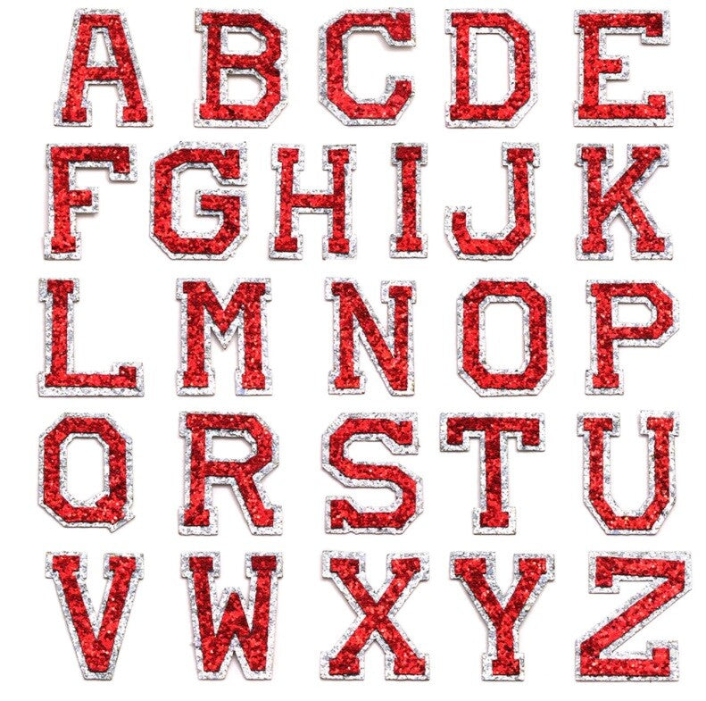 Red & Silver Glitter Varsity Letter Patch Iron or Sew on Alphabet Letters