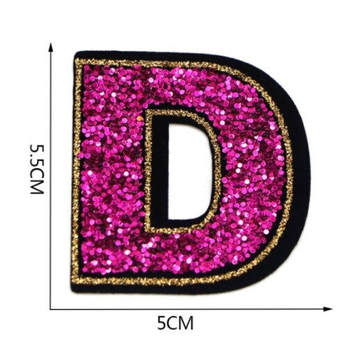 Large Pink Sequins Glitter Letter Patch Iron on Sew on Alphabet Customise 5.5cm - D