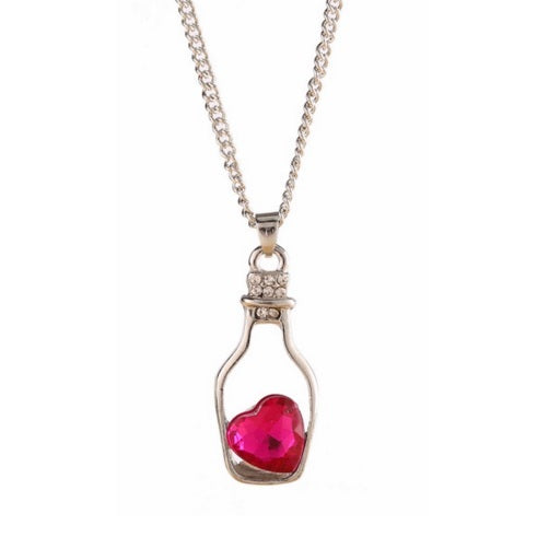 Cute Love Heart in a Bottle Message Pendant Austrian Crystal Necklace Kawaii - Fuchsia