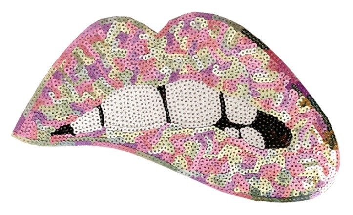 Large Rose Gold Silver Pink Lips Mouth Pop Art Lip Sequin Iron on Sew on Patch - Pastel Mix - Iron On