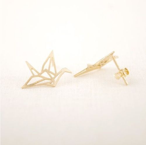 Origami Crane Stud Earrings Jewellery Bird Nature Kawaii & Gift Box - Gold