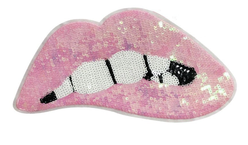 Large Rose Red Pink Fuchsia Green Lips Mouth Pop Art Lip Sequin Sew on Patch - Baby Pink Sew On