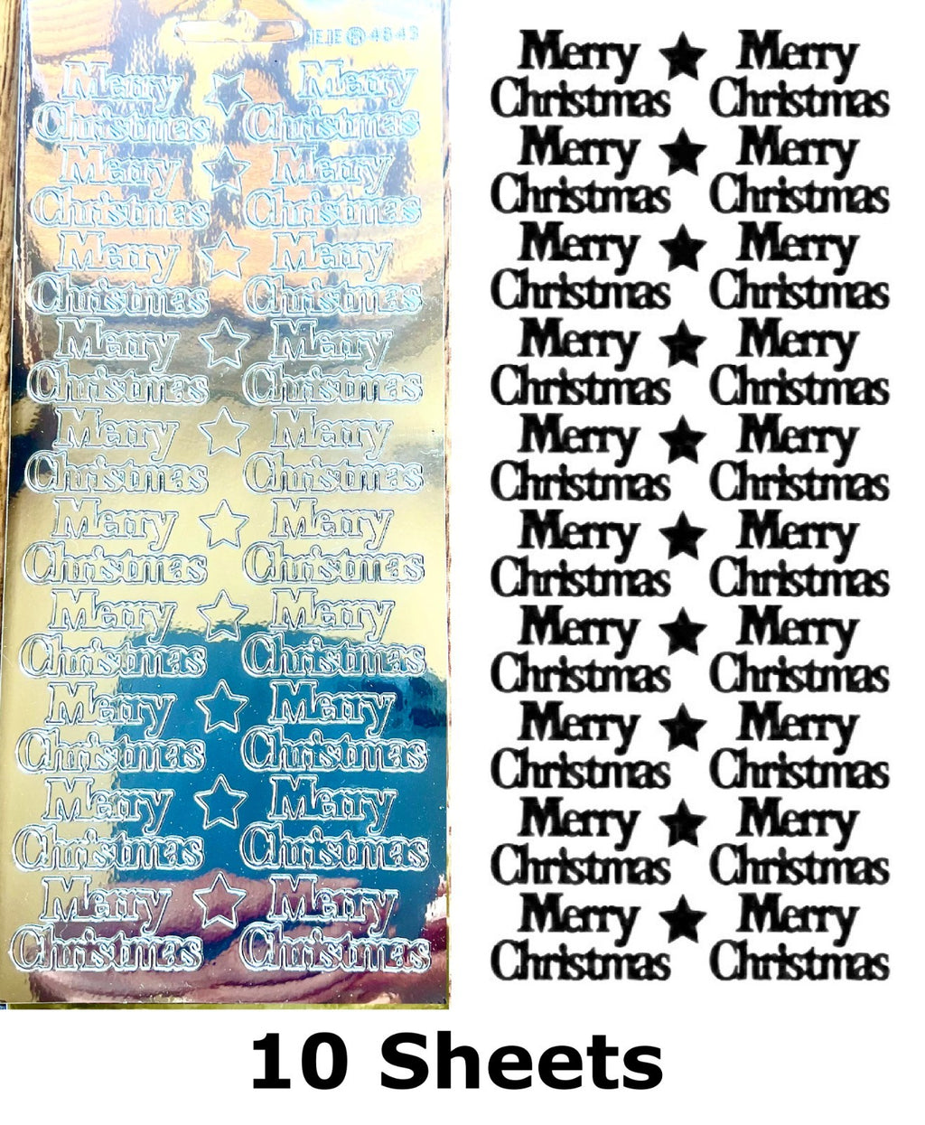 10 Sheets - Silver Mirror Shine Merry Christmas Peel Off Stickers Card Making