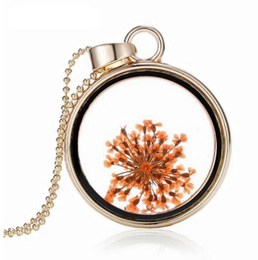 Dried Flower Round Locket Pendant Gold Plated Glass Charm Chain Necklace Botanic - Orange