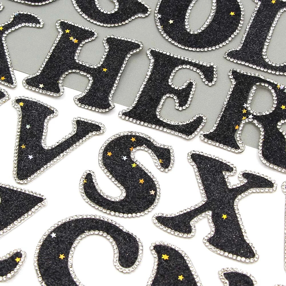 3D Rhinestone Black Glitter Letter Patch Iron on Alphabet Patches 5cm