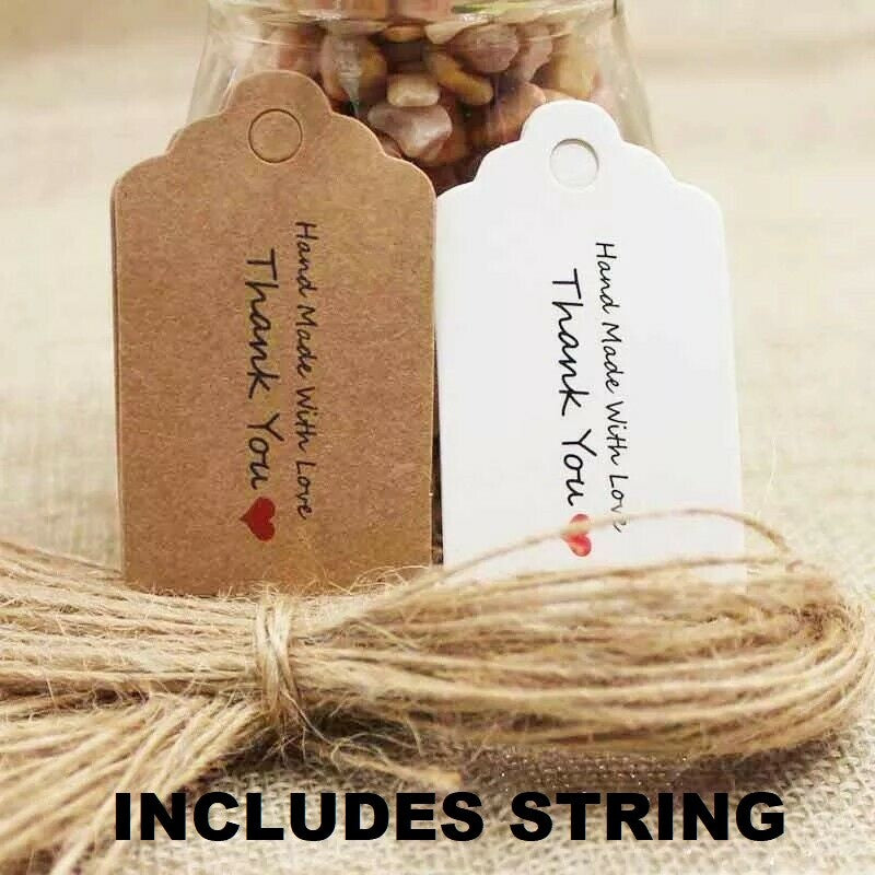 100 x Hand Made With Love Thank You Tag Labels Stickers Craft Tags With String