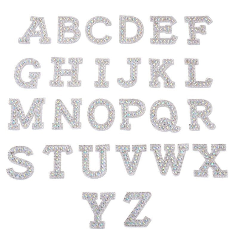 White AB Rhinestone Letter Patch Patches Glue Sew on Alphabet Crystal Customise