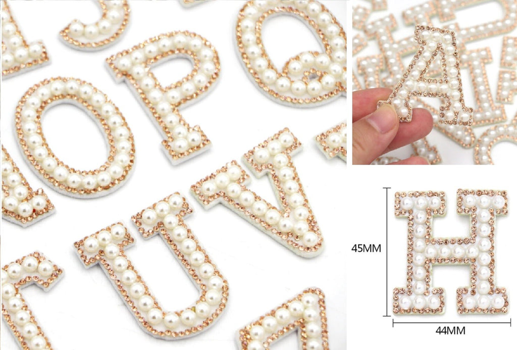 Pearl Rhinestone Letter Patch Patches Iron on Sew on Alphabet Pink White Blue