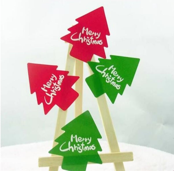 Christmas Gift Seal Stickers Labels 'Merry Christmas' Tree Trees Red & Green