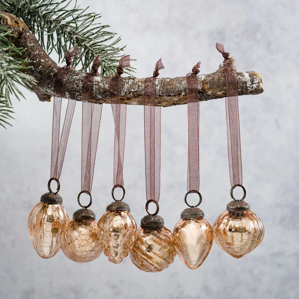 6 Pack Small Glass Handcrafted Baubles Premium Traditional Christmas Tree Craft - Set of 6 Rose Crackle Mix
